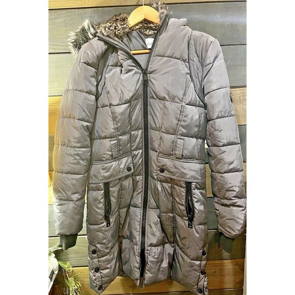 Nicole Miller Jackets & Blazers - Nicole Miller Women’s Long Puffer Coat Gray Hooded Parka Faux Fur Trim Jacket M